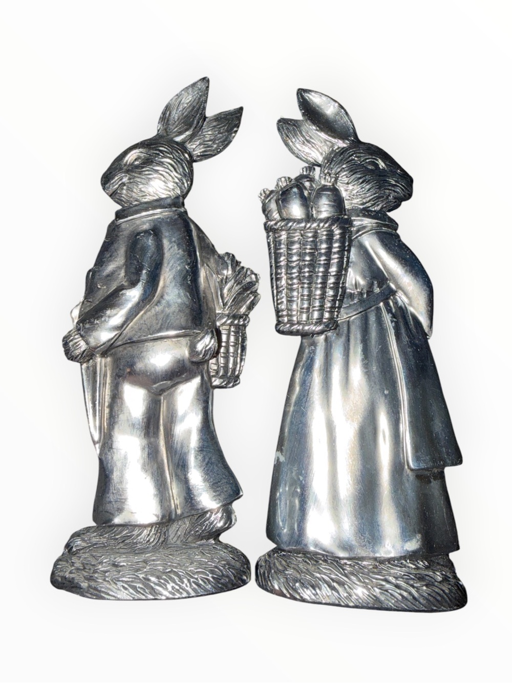 Pair of Silver tone Bunny Figurines - Basket Carriers